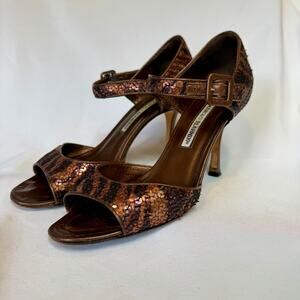 Manolo Blahnik Bronze Sequin Mary Jane Peep-Toe Heels EU 38.5 (US 8.5)